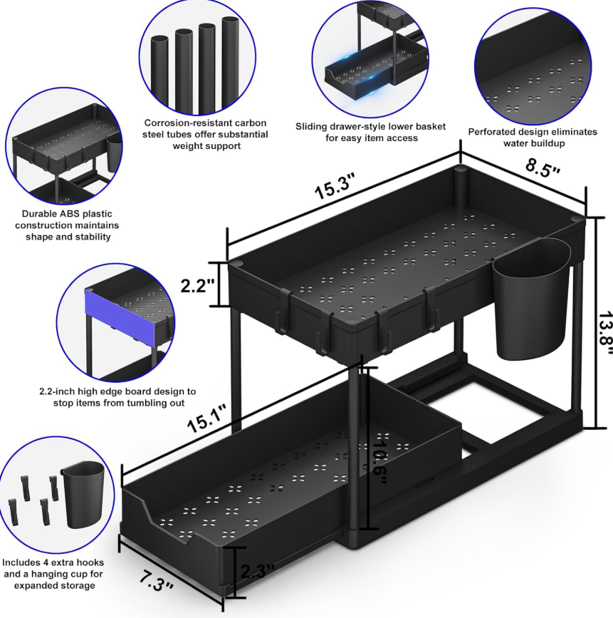 Multi-Purpose 2 Tier Under Sink Organizer with Hooks and Sliding Drawer (Plastic)