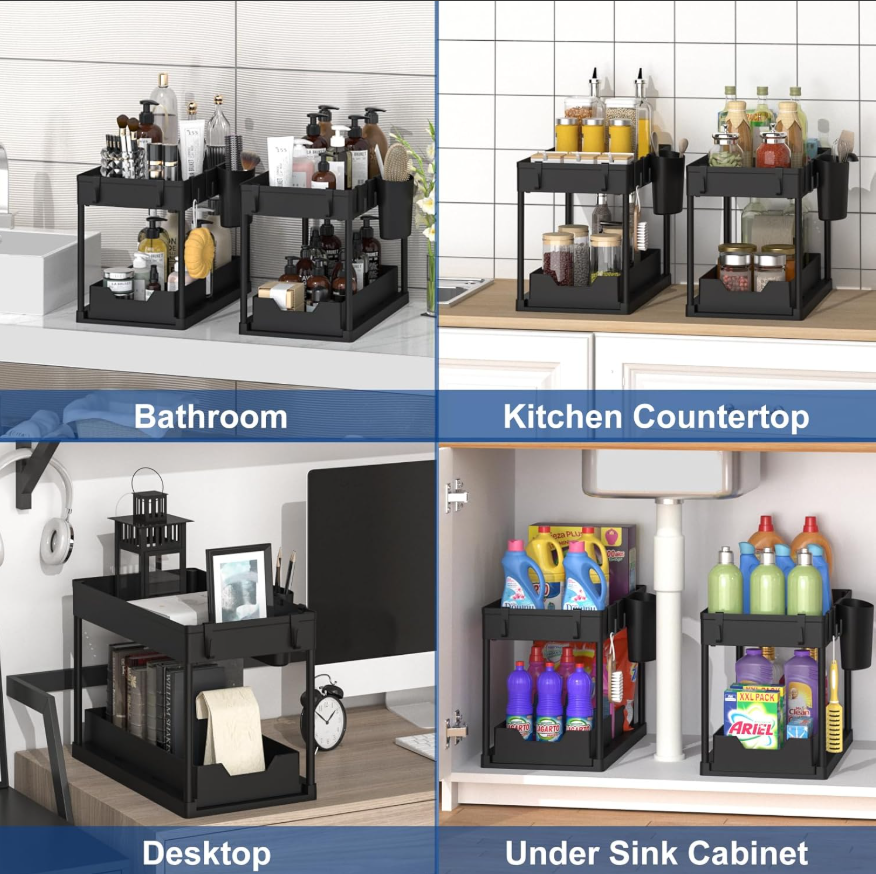 Multi-Purpose 2 Tier Under Sink Organizer with Hooks and Sliding Drawer (Plastic)
