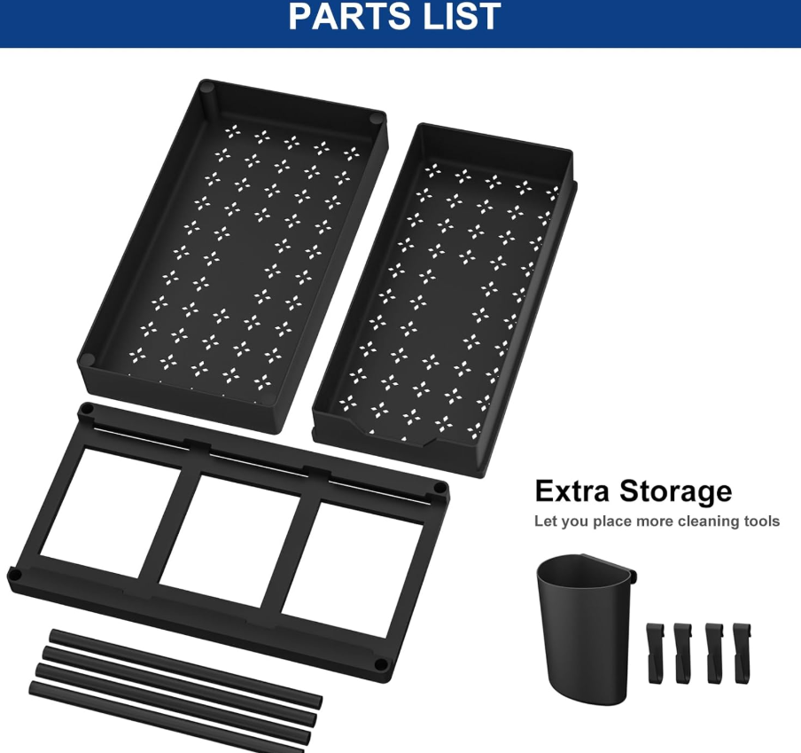 Multi-Purpose 2 Tier Under Sink Organizer with Hooks and Sliding Drawer (Plastic)