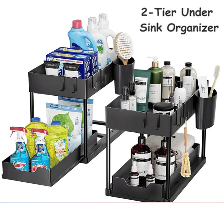 Multi-Purpose 2 Tier Under Sink Organizer with Hooks and Sliding Drawer (Plastic)