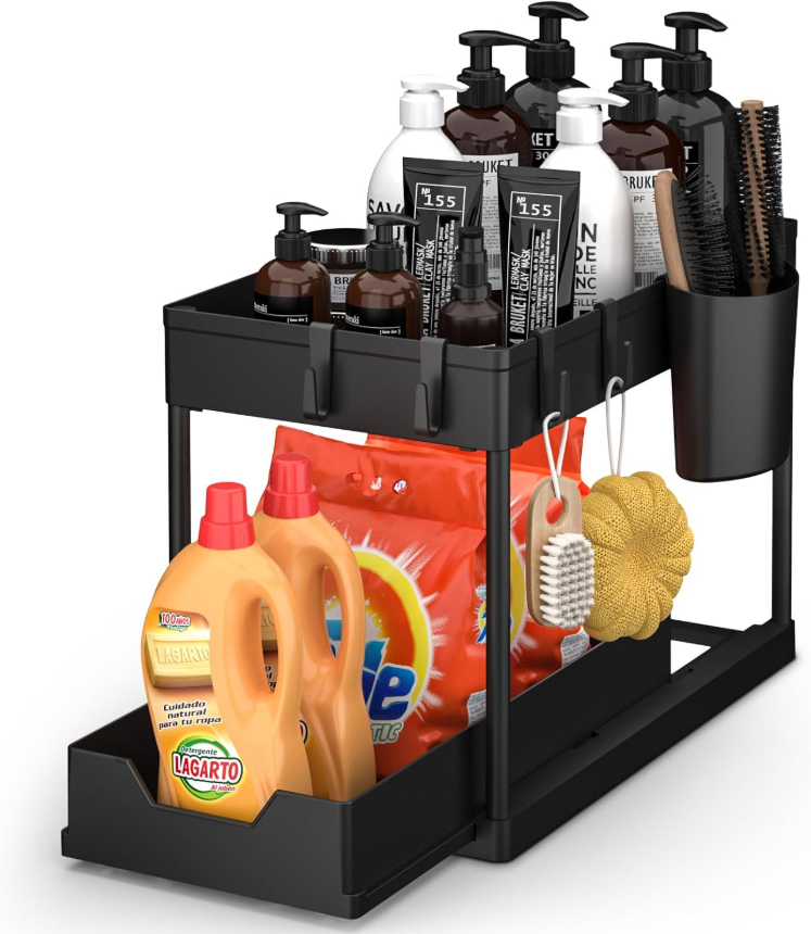 Multi-Purpose 2 Tier Under Sink Organizer with Hooks and Sliding Drawer (Plastic)