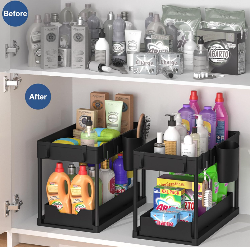Multi-Purpose 2 Tier Under Sink Organizer with Hooks and Sliding Drawer (Plastic)